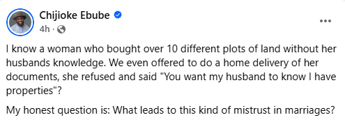 Woman Buys 10 Plots of Land Without Husband’s Knowledge—What’s Causing This Level of Marital Mistrust in Nigeria?
