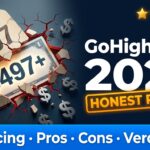 A bold, high-contrast blog thumbnail at 1280x720px. Left side: a cracked price tag showing "$97" shattering to reveal a hidden bill of "$497+" beneath it, rendered in dramatic 3D with red warning cracks and dollar signs spilling out. Right side: clean dark navy background with large white headline text reading "GoHighLevel 2026" and a bright amber sub-label stamped underneath reading "HONEST REVIEW". Top-right corner: a five-star rating graphic with 4 stars filled in gold. Bottom strip: a sleek horizontal banner in electric blue reading "Pricing · Pros · Cons · Verdict" in clean sans-serif font. Overall mood: authoritative, slightly provocative, editorial tech-blog aesthetic. Cinematic lighting, ultra-sharp, no blur, photorealistic 3D elements blended with bold graphic design typography. Style references: Wirecutter meets MKBHD YouTube thumbnails.