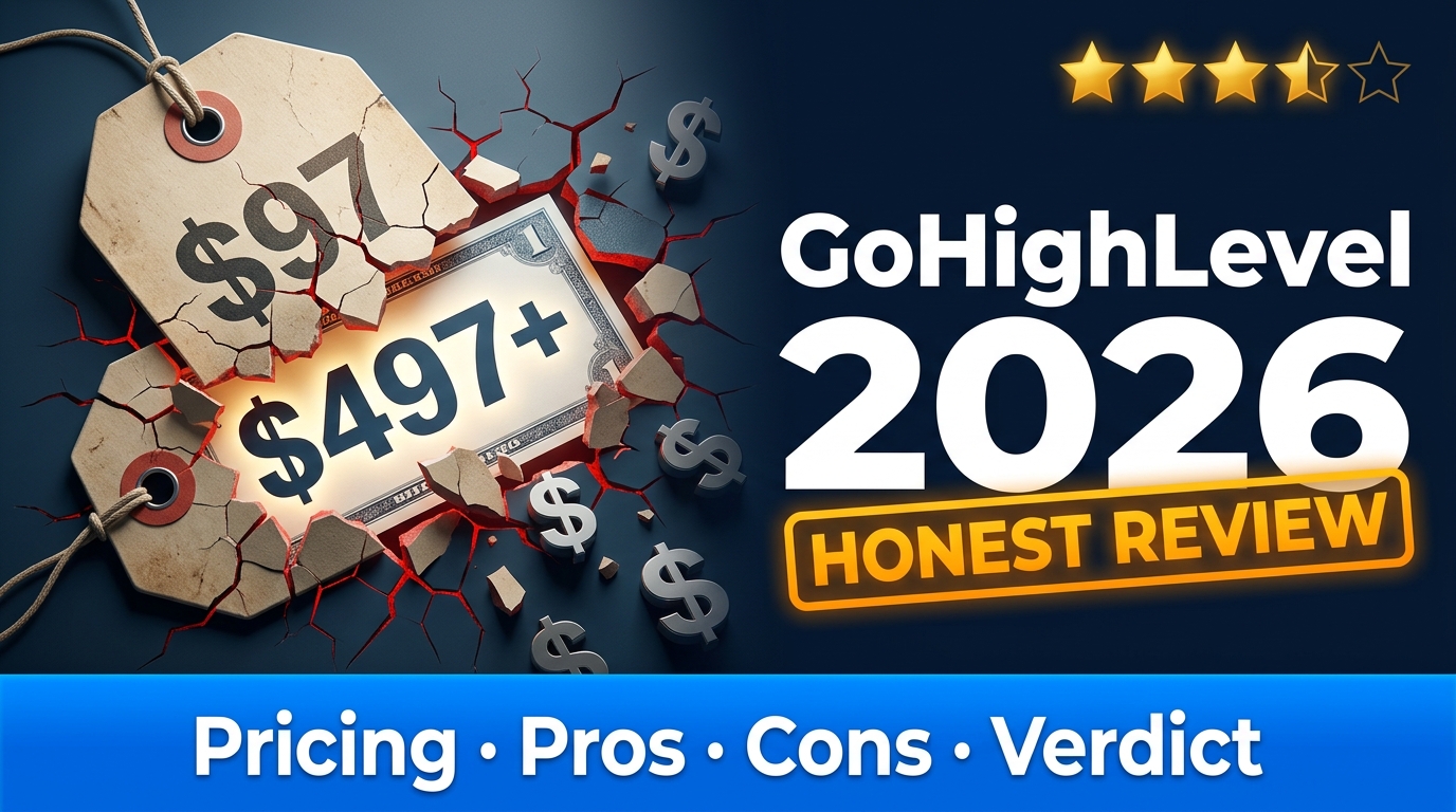 A bold, high-contrast blog thumbnail at 1280x720px. Left side: a cracked price tag showing "$97" shattering to reveal a hidden bill of "$497+" beneath it, rendered in dramatic 3D with red warning cracks and dollar signs spilling out. Right side: clean dark navy background with large white headline text reading "GoHighLevel 2026" and a bright amber sub-label stamped underneath reading "HONEST REVIEW". Top-right corner: a five-star rating graphic with 4 stars filled in gold. Bottom strip: a sleek horizontal banner in electric blue reading "Pricing · Pros · Cons · Verdict" in clean sans-serif font. Overall mood: authoritative, slightly provocative, editorial tech-blog aesthetic. Cinematic lighting, ultra-sharp, no blur, photorealistic 3D elements blended with bold graphic design typography. Style references: Wirecutter meets MKBHD YouTube thumbnails.