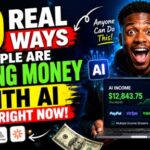 Person using AI tools to earn money online with illustrations of AI, digital income streams, automation, and business growth representing 10 real ways people are making money with AI in 2026.