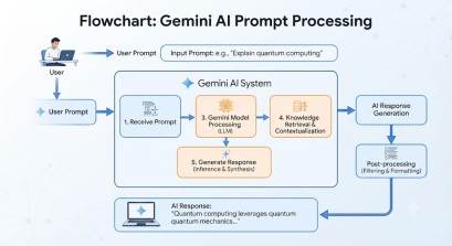 Flowchart showing how a user enters a prompt, Gemini processes it, and generates an AI response.