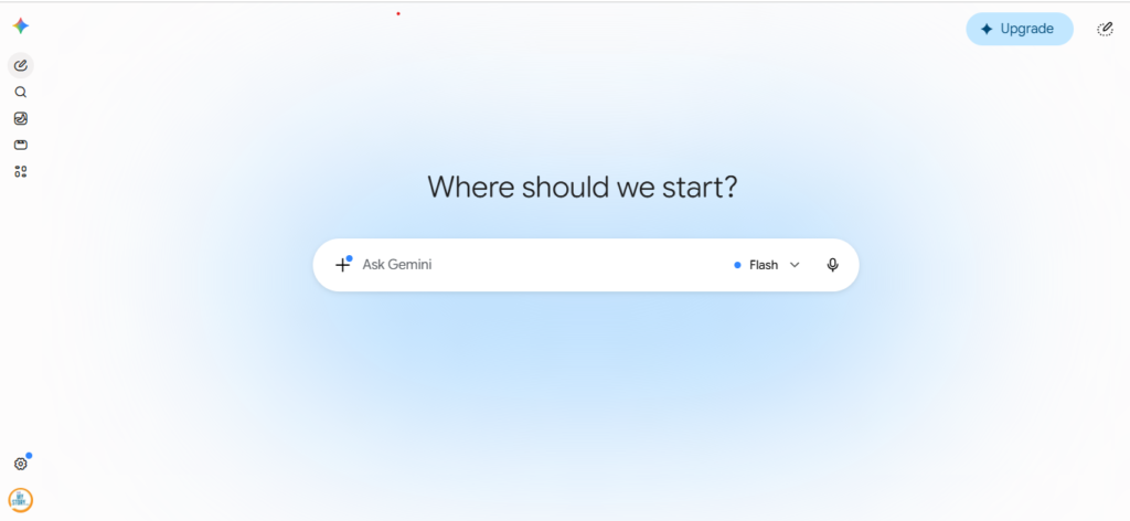 Google Gemini dashboard showing chat interface, file upload button, model selector, and conversation history.